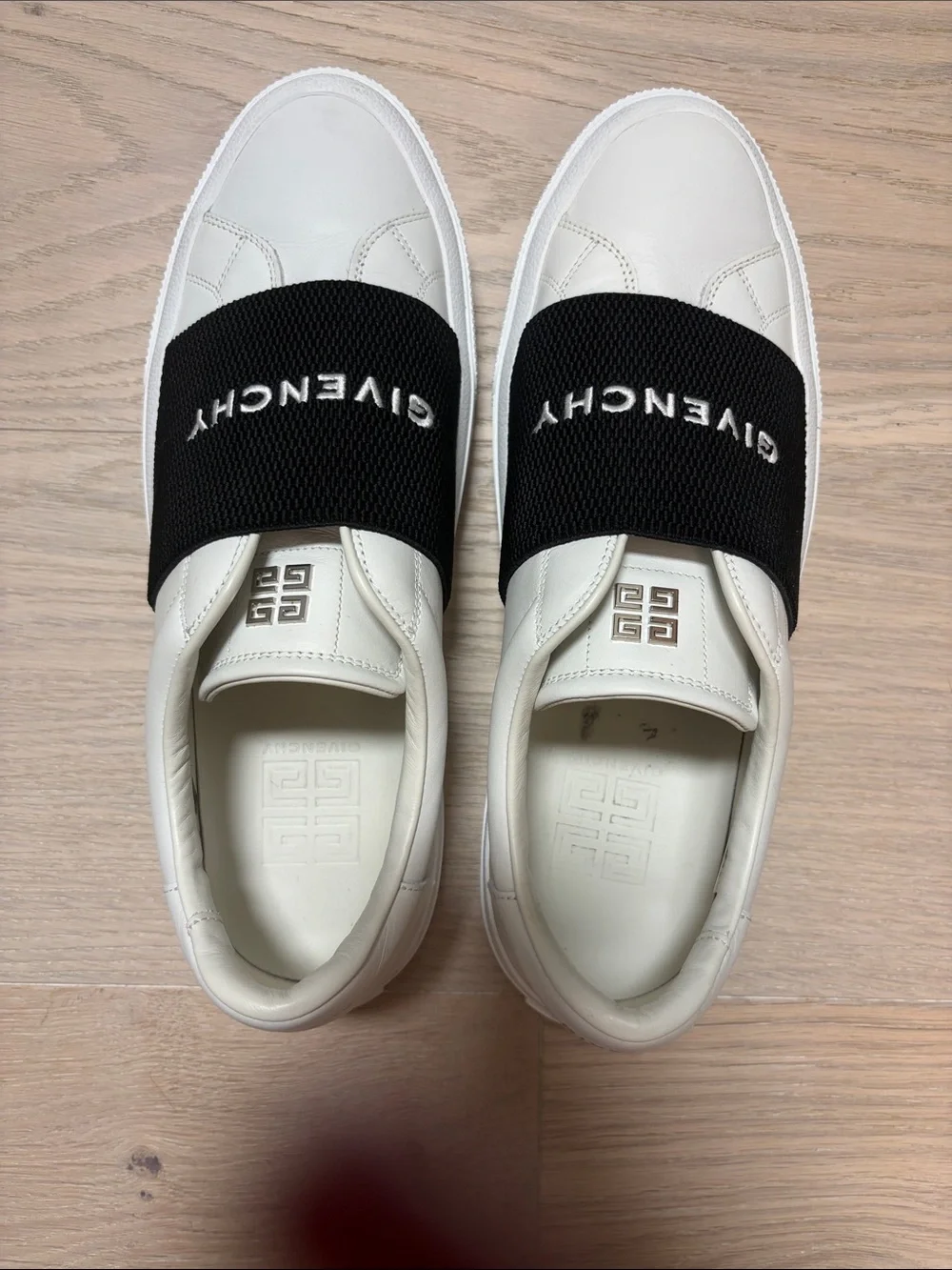 Givenchy White Leather Slip-Ons with Black Logo Band